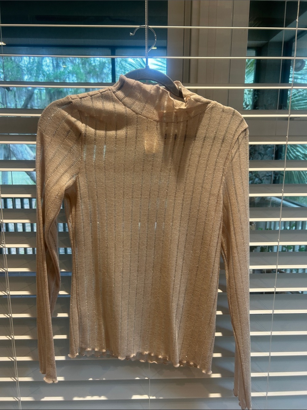 Pilcro Metallic Beige Ribbed Mock Neck Long-Sleeve Top